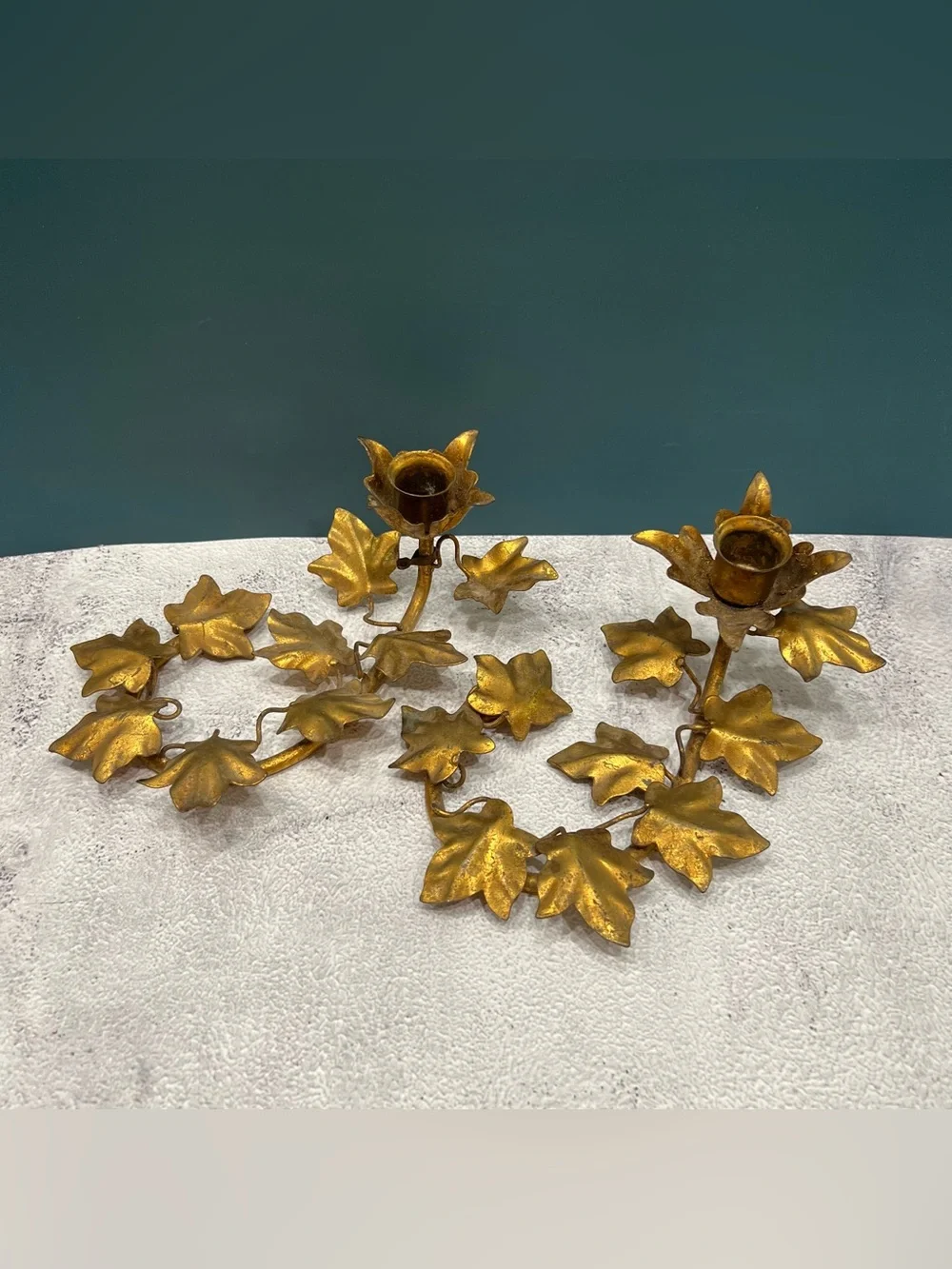 Vintage MCM Italian Gilt Metal Tole Candle Holder Set Ivy Leaf Hollywood Regency